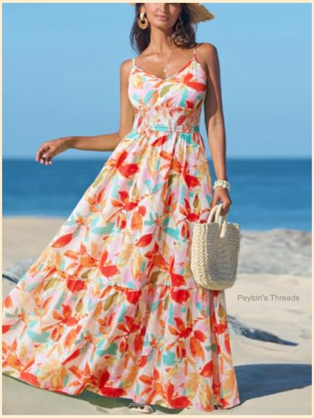 Tropical V-Neck Sleeveless Spaghetti Strap Smocked Waist Maxi Dress - Picture 5 of 5